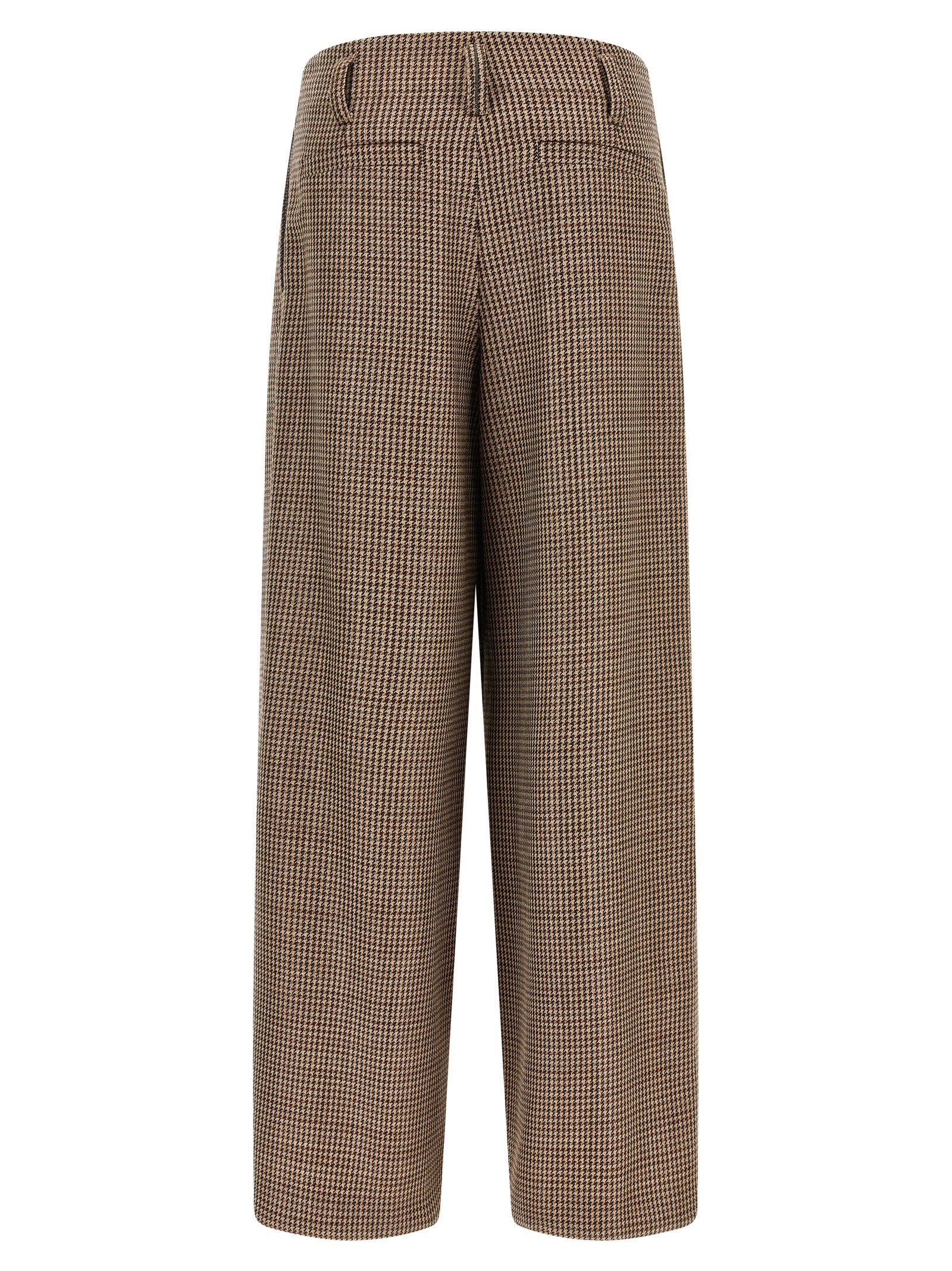 Trousers by Brunello Cucinelli for women in polyamide & virgin wool brown & patterned presents a perennial silhouette, meticulously tailored with a flared & wide cut, long finish, and an elegant .