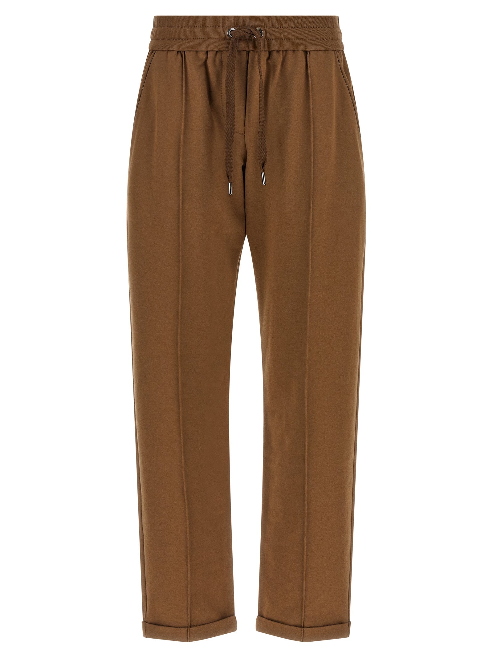 Joggers by Brunello Cucinelli for women in stretch cotton brown features a polished silhouette with a polished flared & cropped, reaching a polished cropped and finished with a polished high rise.