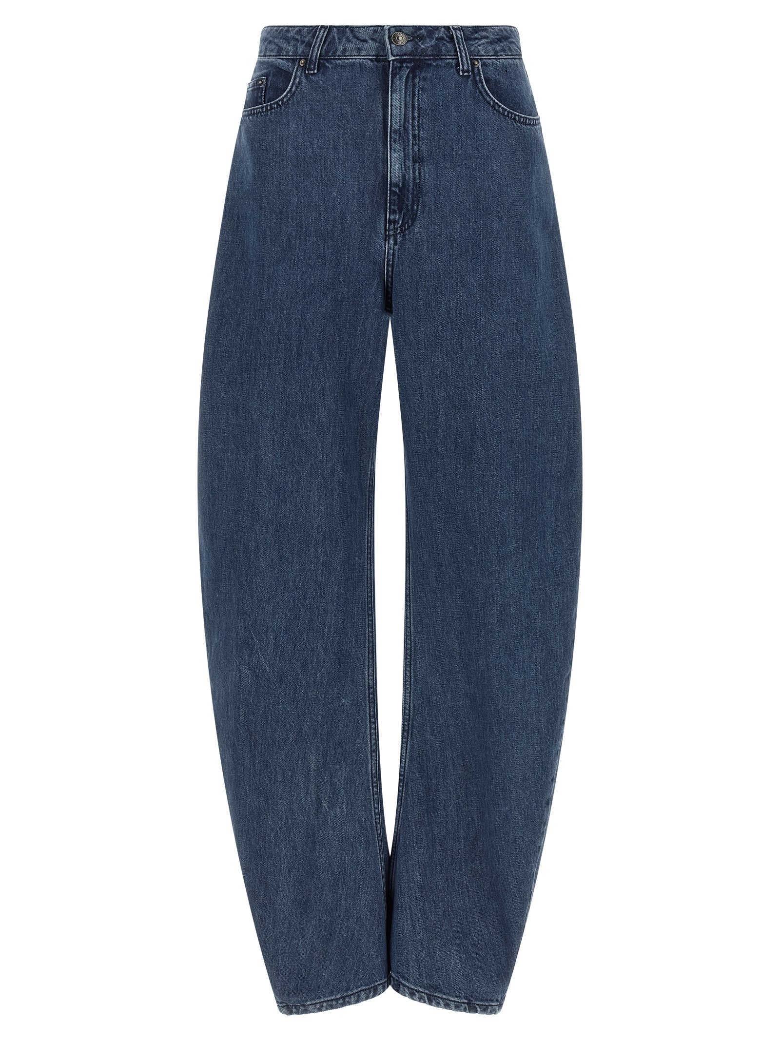 Jeans by ROTATE BIRGER CHRISTENSEN for women in organic denim cotton & leather blue presents a tailored silhouette, showcasing a tailored relaxed-fit and long cut with a refined high rise for a truly tailored aesthetic.