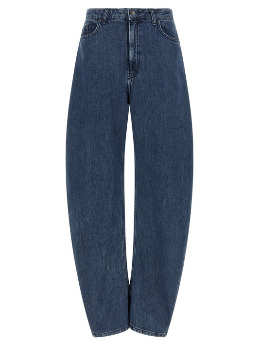 Jeans by ROTATE BIRGER CHRISTENSEN for women in organic denim cotton & leather blue presents a tailored silhouette, showcasing a tailored relaxed-fit and long cut with a refined high rise for a truly tailored aesthetic.