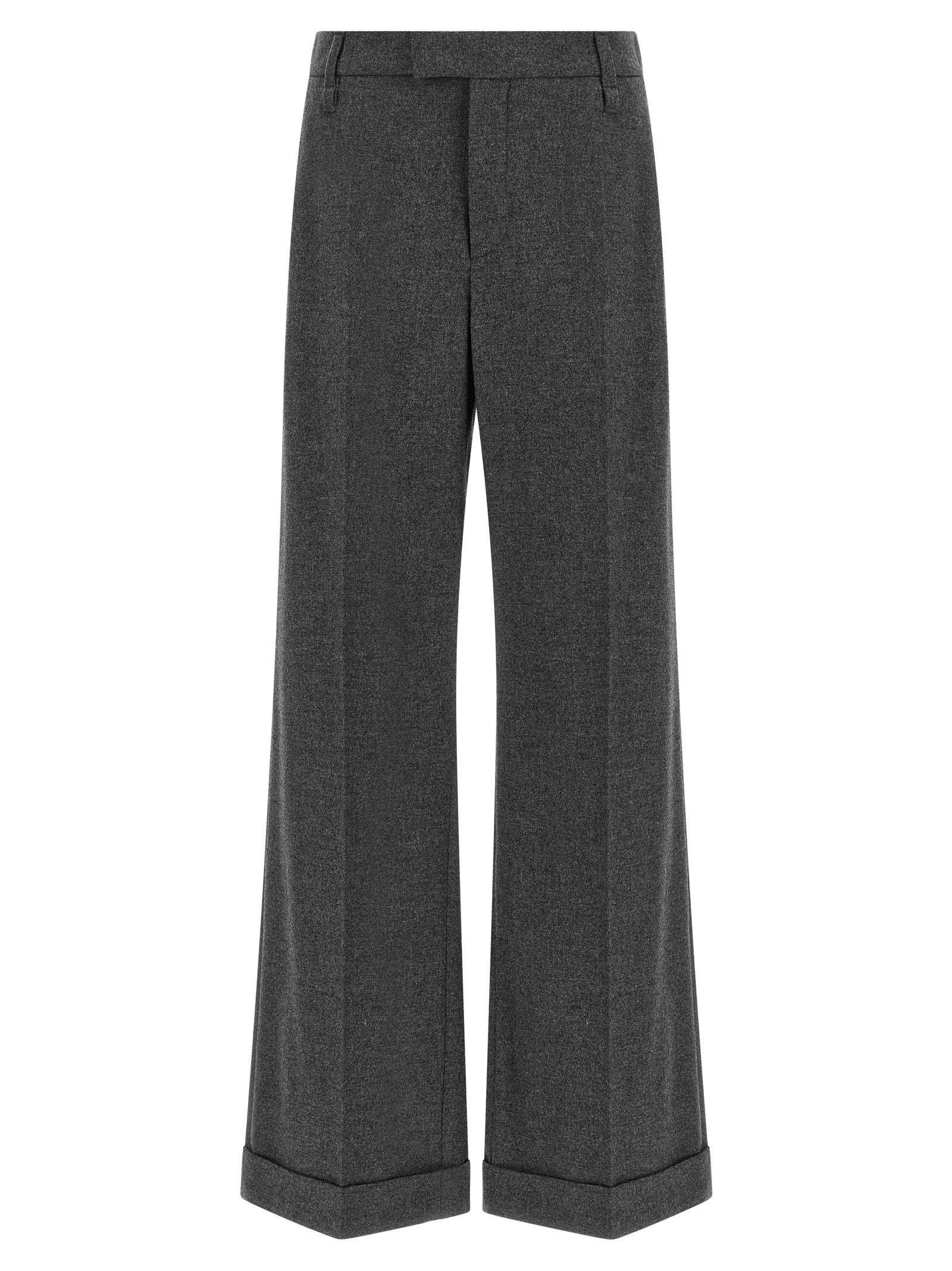 Trousers by Brunello Cucinelli for women in cashmere virgin wool gray & signature features an sartorial silhouette, showcasing a precise straight-leg & wide and long with a sartorial mid rise for a refined look.