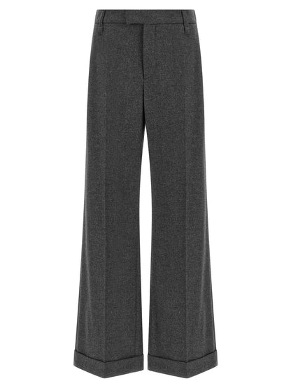 Trousers by Brunello Cucinelli for women in cashmere virgin wool gray & signature features an sartorial silhouette, showcasing a precise straight-leg & wide and long with a sartorial mid rise for a refined look.