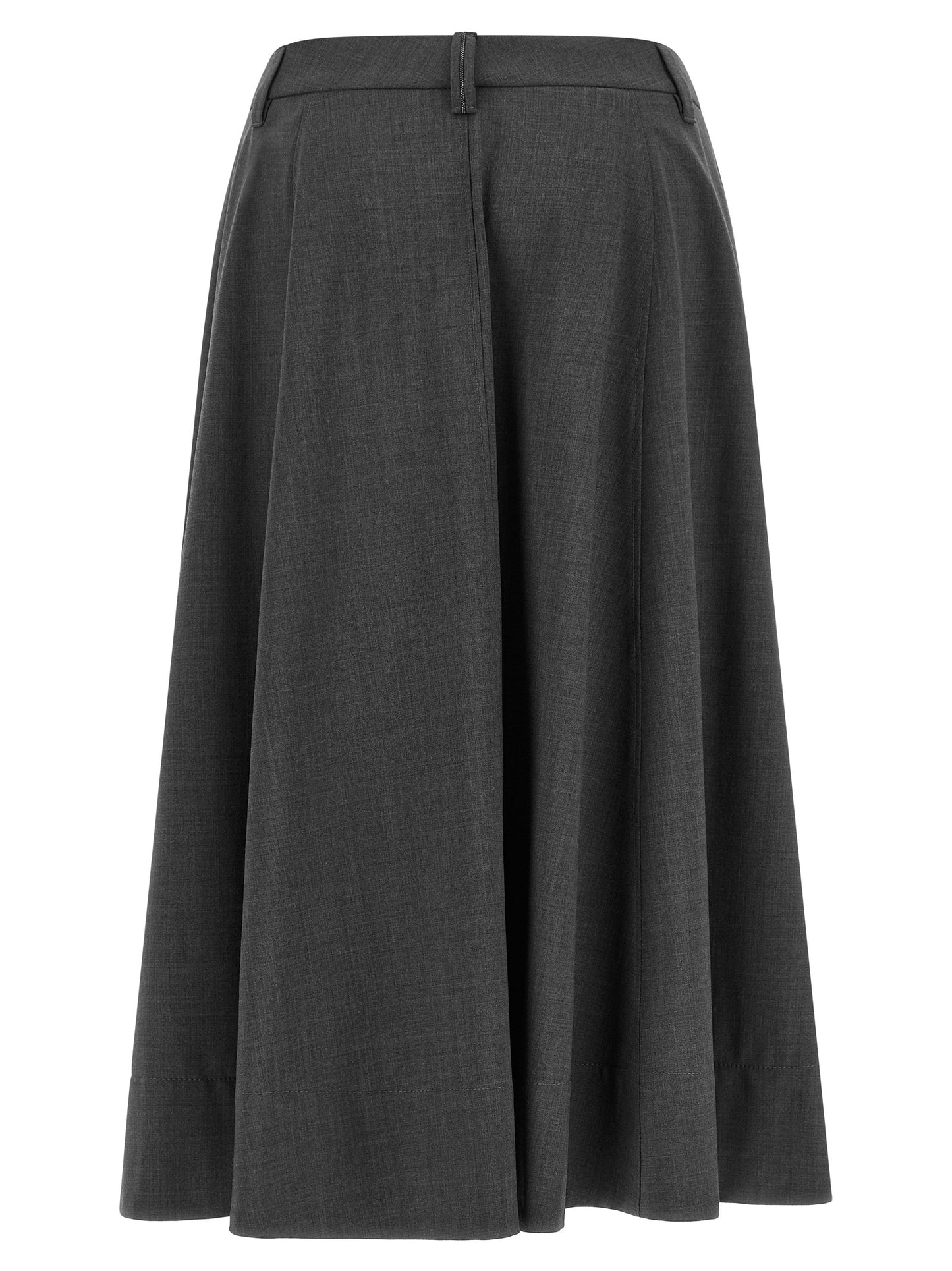 Skirt by Brunello Cucinelli for women in nylon & virgin wool gray showcases a dramatic silhouette, artfully capturing the essence of the Flow Monile Women's Tailored Flared Nylon & Virgin Wool Skirt in a dramatic midi cut for a refined look.