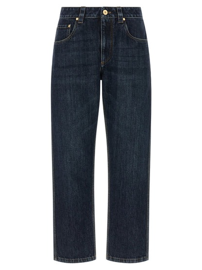Jeans by Brunello Cucinelli for women in cotton denim blue & signature features a refined silhouette with a refined straight-leg, defined by a mid rise and a refined long for a refined finish.
