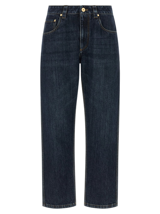 Jeans by Brunello Cucinelli for women in cotton denim blue & signature features a refined silhouette with a refined straight-leg, defined by a mid rise and a refined long for a refined finish.