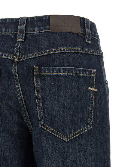Jeans by Brunello Cucinelli for women in cotton denim blue & signature features an refined tailoring silhouette, showcasing a premium straight-leg with a mid rise and long cut for a refined tailoring look.