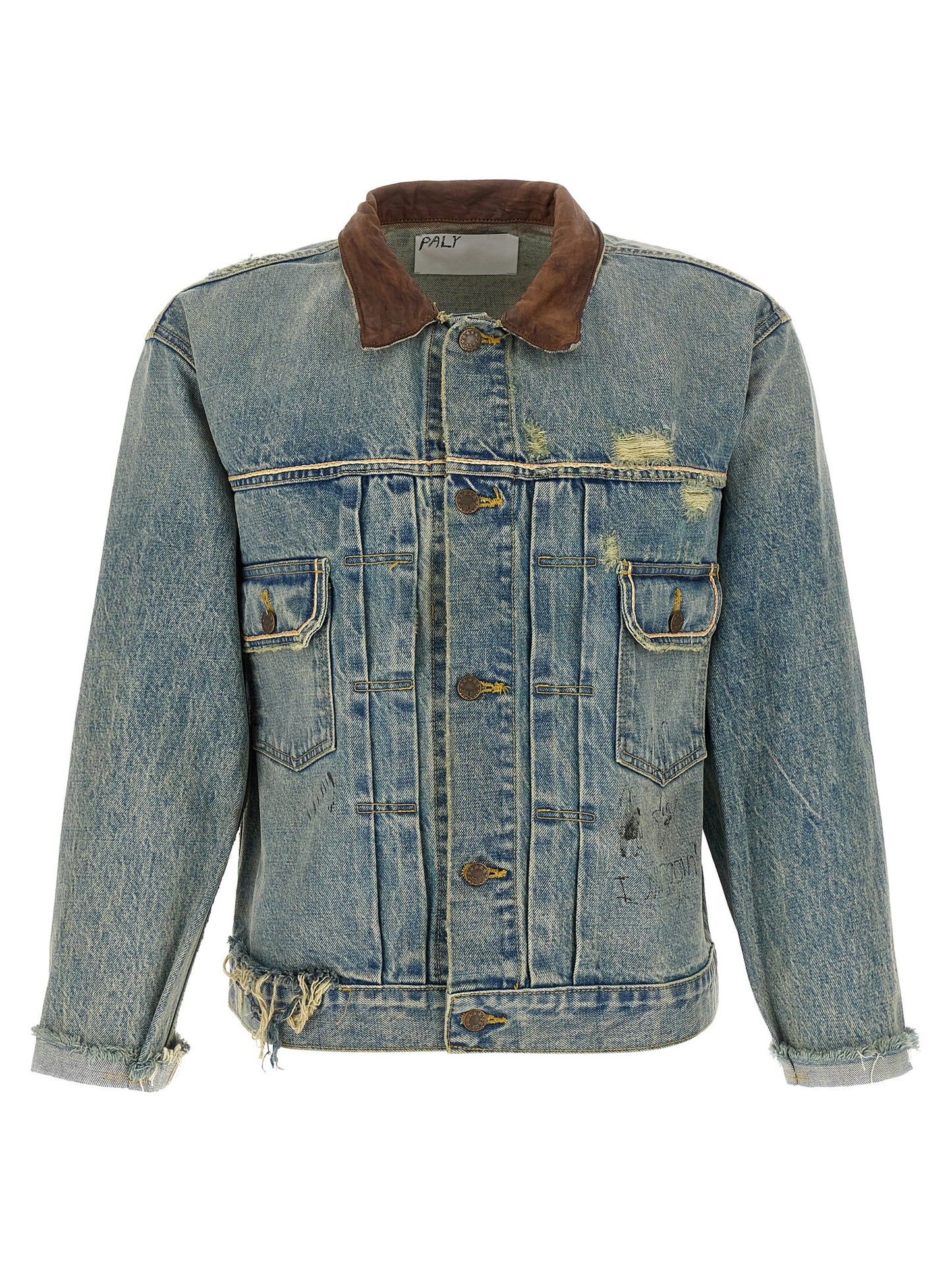 Trucker Jacket by PALY for men in denim cotton & buffalo leather light-blue & print showcases a bohemian silhouette, artfully detailed with a bohemian and signature pockets for a truly bohemian finish.