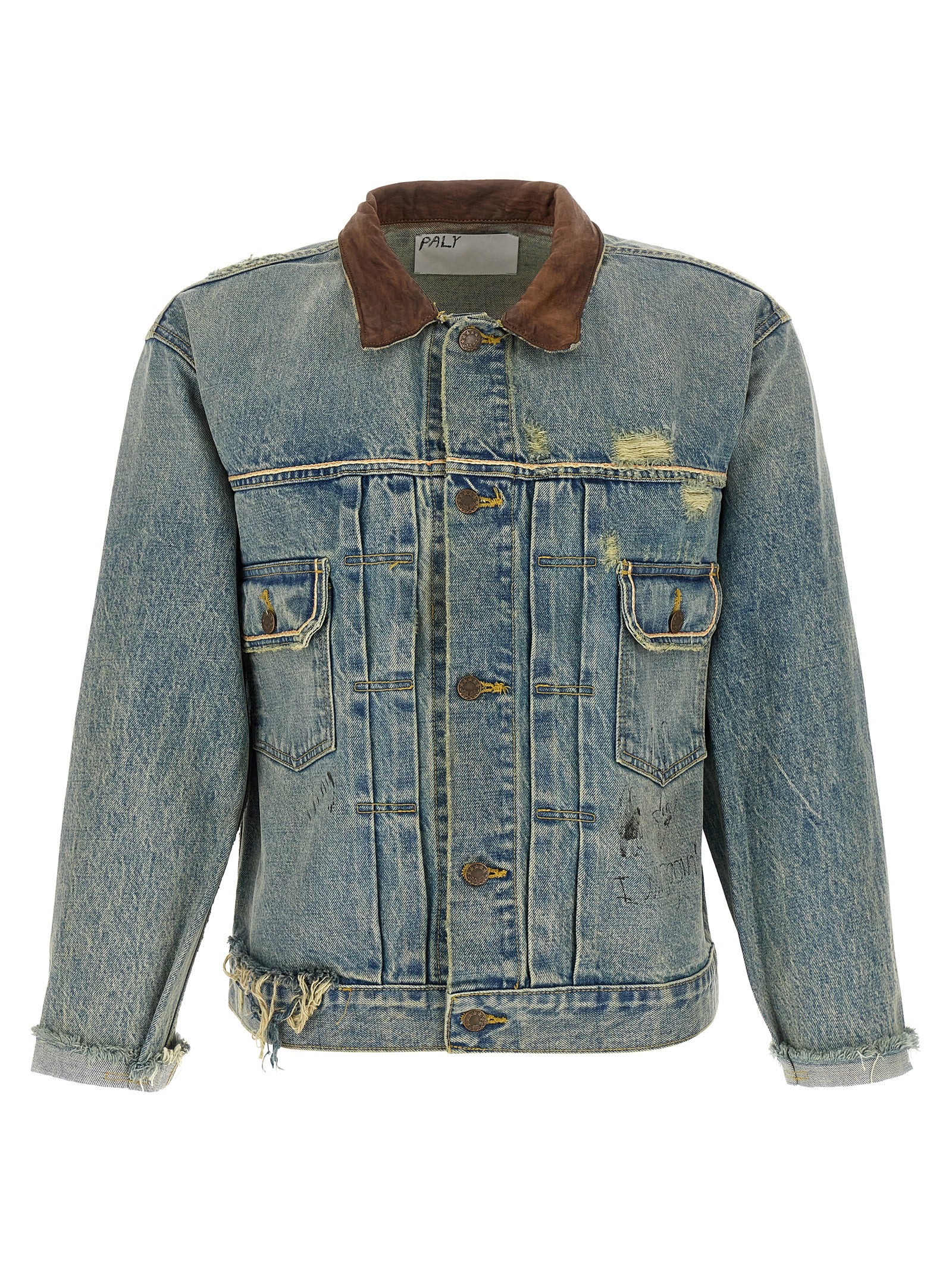 Trucker Jacket by PALY for men in denim cotton & buffalo leather light-blue & print showcases a bohemian silhouette, artfully detailed with a bohemian and signature pockets for a truly bohemian finish.