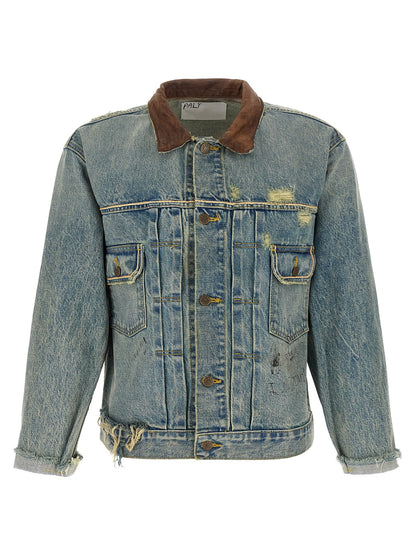 Trucker Jacket by PALY for men in denim cotton & buffalo leather light-blue & print showcases a bohemian silhouette, artfully detailed with a bohemian and signature pockets for a truly bohemian finish.