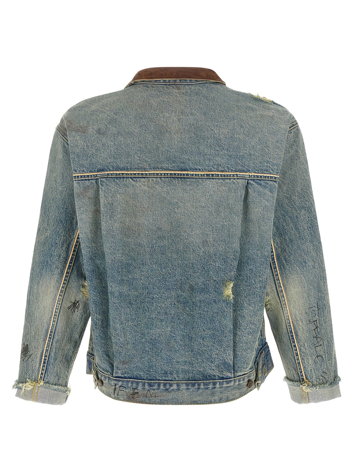 Trucker Jacket by PALY for men in denim cotton & buffalo leather light-blue & print features a dramatic silhouette, showcasing a sophisticated and distinctive pockets for a dramatic aesthetic.