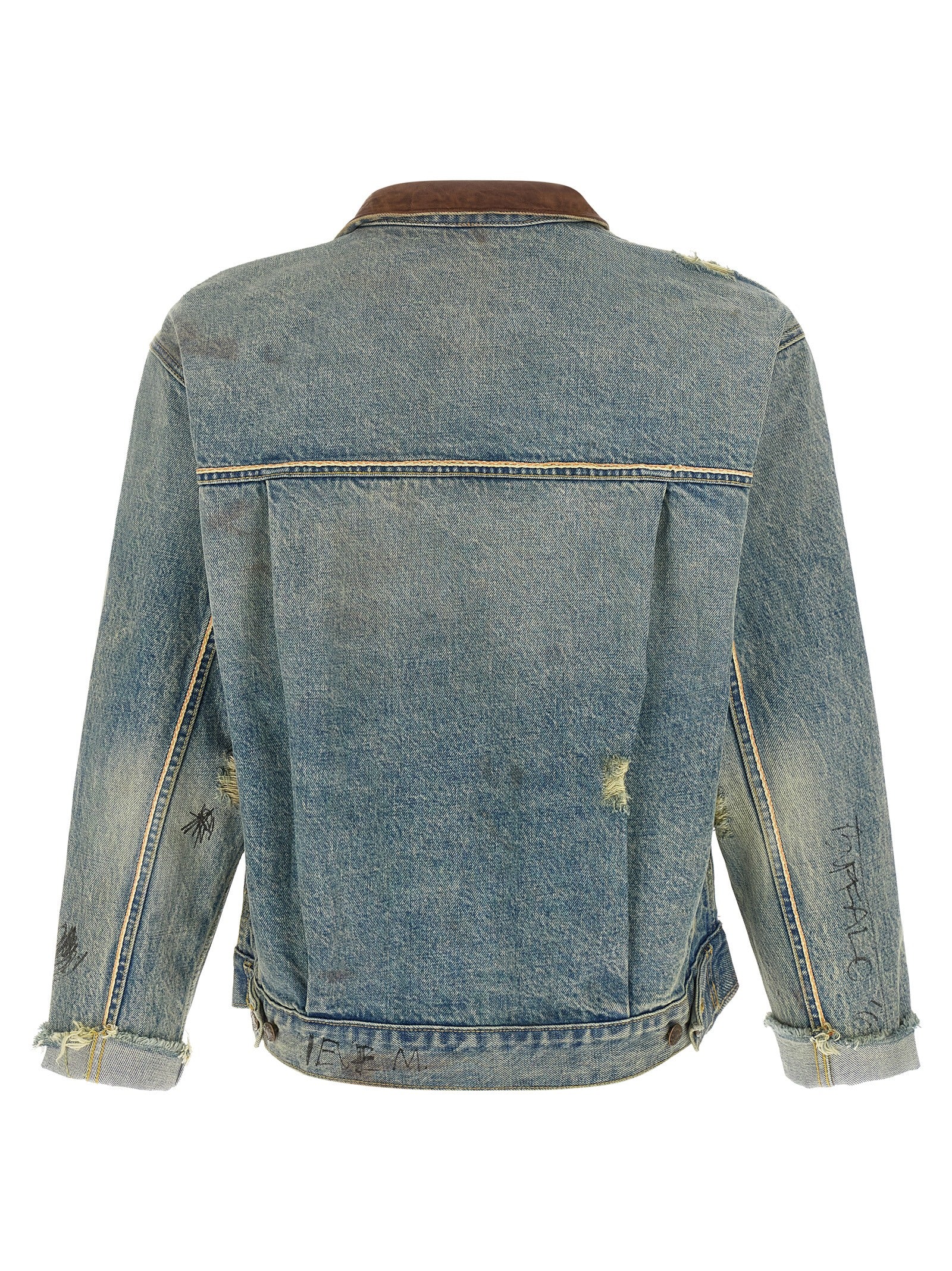 Trucker Jacket by PALY for men in denim cotton & buffalo leather light-blue & print features a dramatic silhouette, showcasing a sophisticated and distinctive pockets for a dramatic aesthetic.