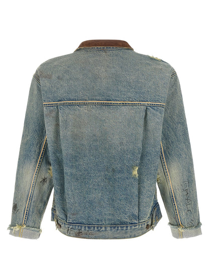 Trucker Jacket by PALY for men in denim cotton & buffalo leather light-blue & print features a dramatic silhouette, showcasing a sophisticated and distinctive pockets for a dramatic aesthetic.