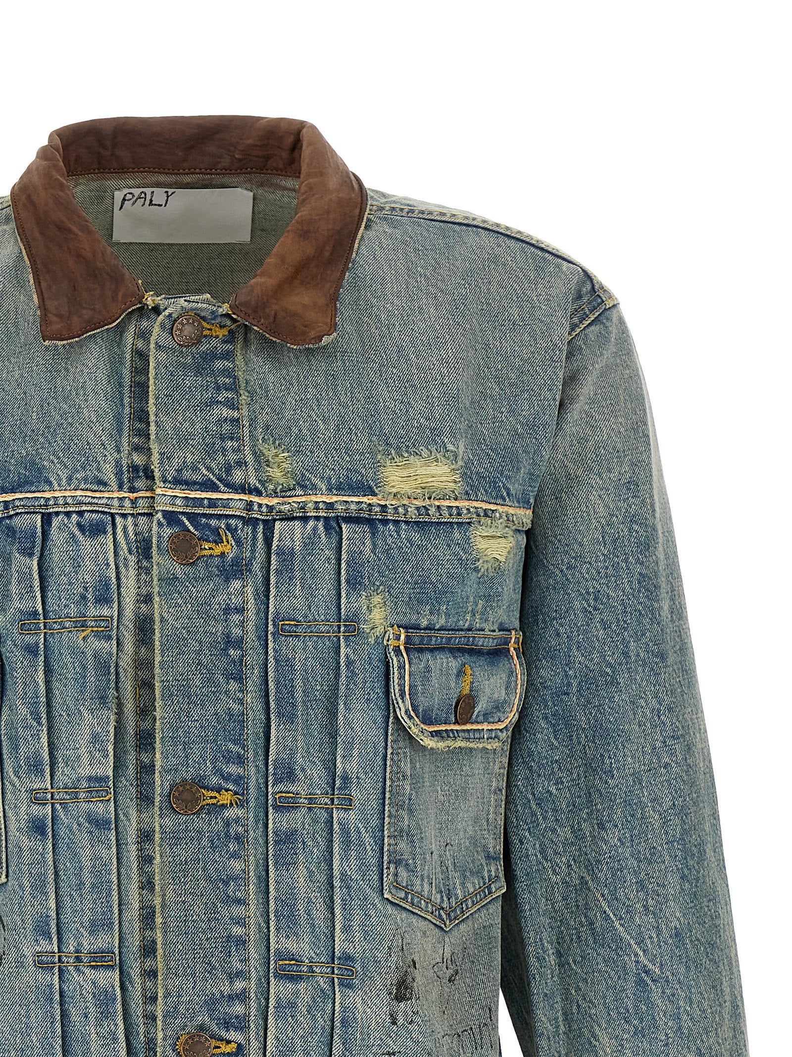 Trucker Jacket by PALY for men in denim cotton & buffalo leather light-blue & print features an contemporary silhouette, showcasing a sophisticated and contemporary pockets for a truly refined look.
