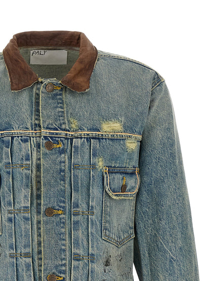 Trucker Jacket by PALY for men in denim cotton & buffalo leather light-blue & print features an contemporary silhouette, showcasing a sophisticated and contemporary pockets for a truly refined look.