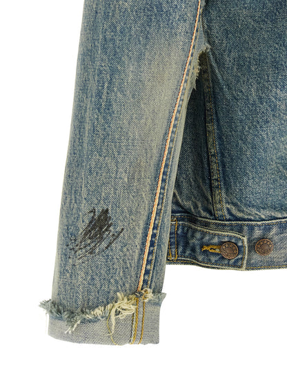 Trucker Jacket by PALY for men in denim cotton & buffalo leather light-blue & print features an on trend silhouette, showcasing refined pockets and a sophisticated for a truly on trend finish.