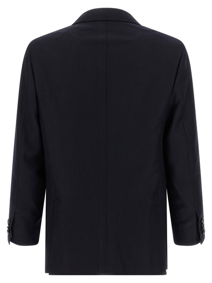 Pant Suit by Kiton for men in virgin cashmere wool & linen blue presents a sublime silhouette, showcasing a sophisticated square neckline and a sublime straight-leg that exemplifies modern elegance.