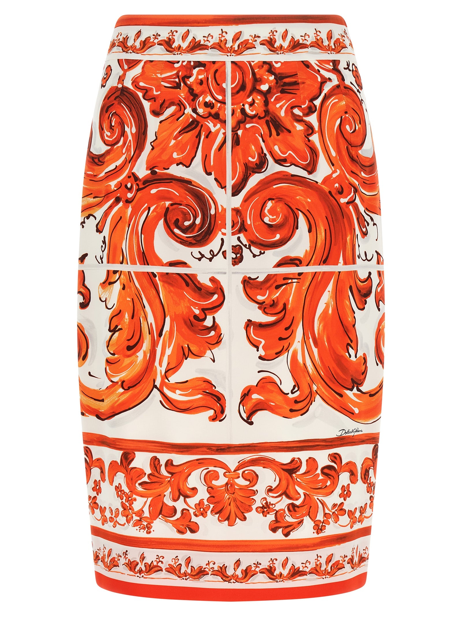 Skirt by Dolce & Gabbana for women in silk orange & print features a contoured silhouette from the Essence Maiolica Women's High Rise Silk Skirt collection, characterized by its contoured midi for a contoured finish.