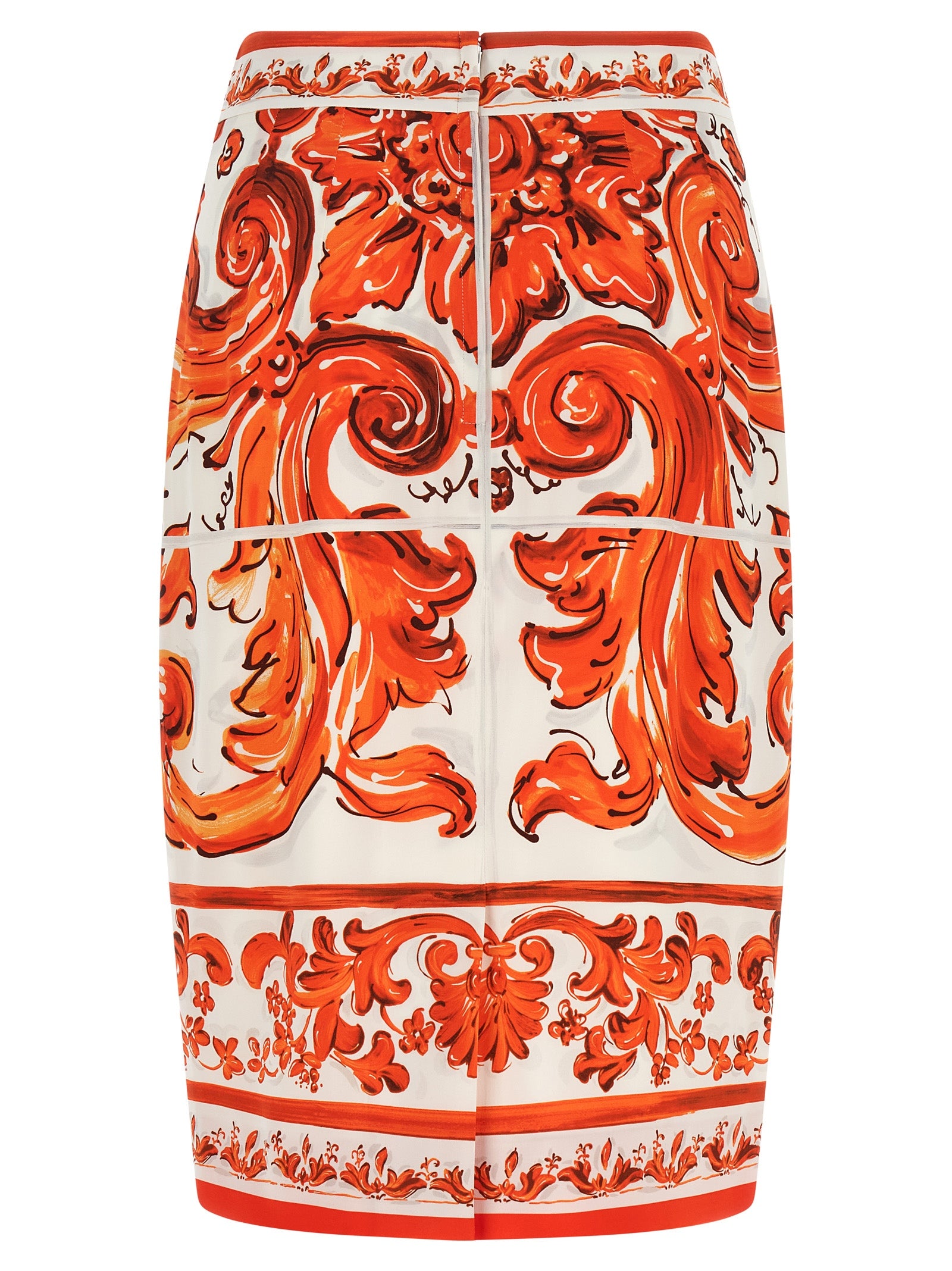 Skirt by Dolce & Gabbana for women in silk orange & print showcases a dramatic silhouette, artfully capturing the essence of the Essence Maiolica Women's High Rise Silk Skirt in a dramatic midi cut for a refined look.