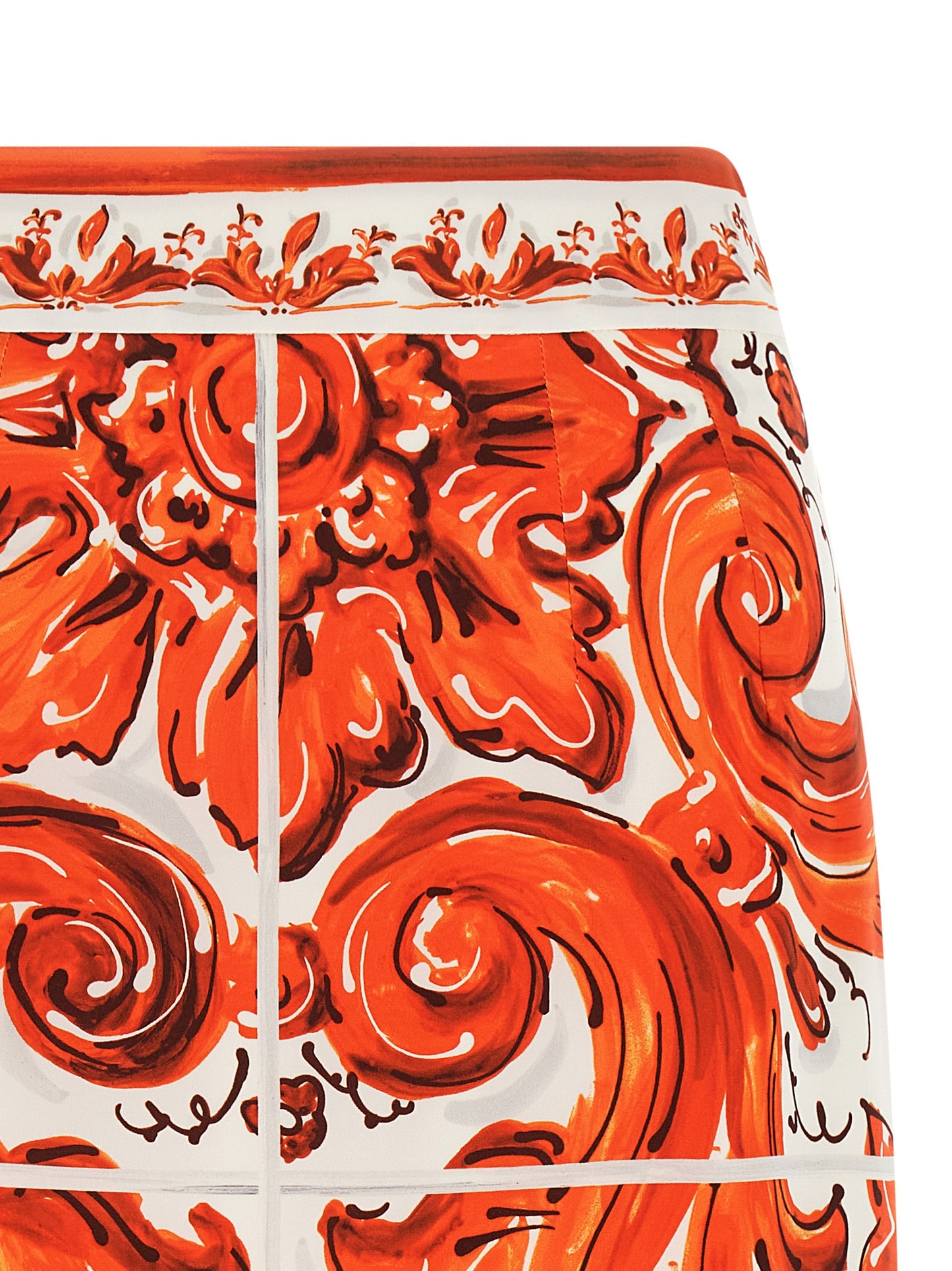 Skirt by Dolce & Gabbana for women in silk orange & print features a captivating silhouette, showcasing the captivating Essence Maiolica Women's High Rise Silk Skirt design with a sophisticated midi for a captivating look.