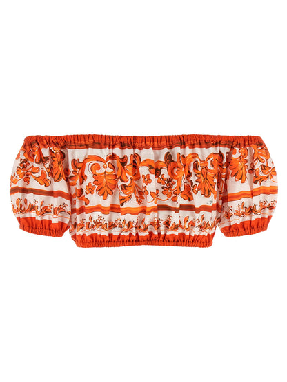 Dolce & Gabbana Maiolica Women's Crop Top Short-Sleeve Cotton Blouse - Orange Print