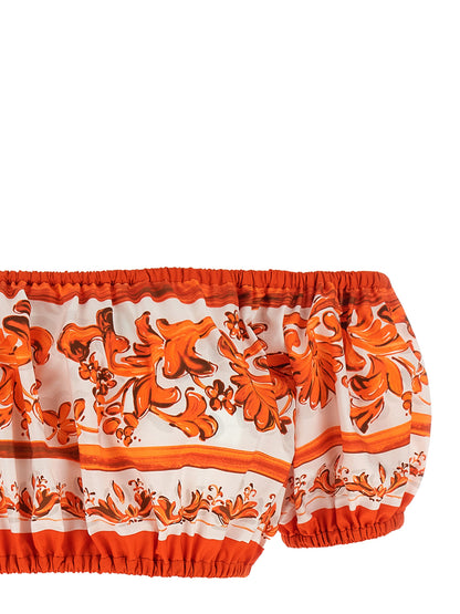 Dolce & Gabbana Maiolica Women's Crop Top Short-Sleeve Cotton Blouse - Orange Print