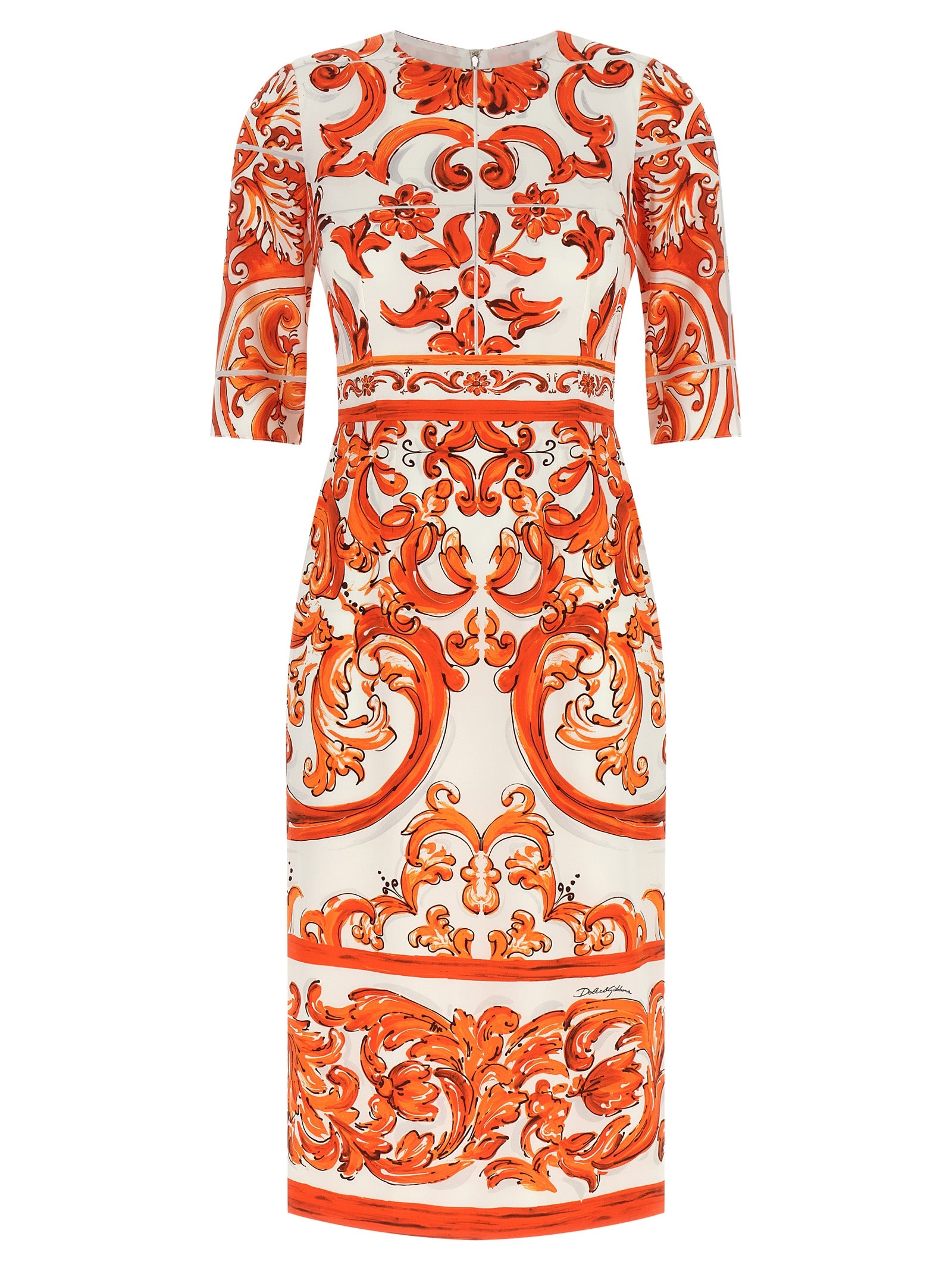 Dress by Dolce & Gabbana for women in silk orange & print features an cute silhouette, detailed with a three-quarter-sleeve and crew split neckline that elegantly flows into a cute midi.