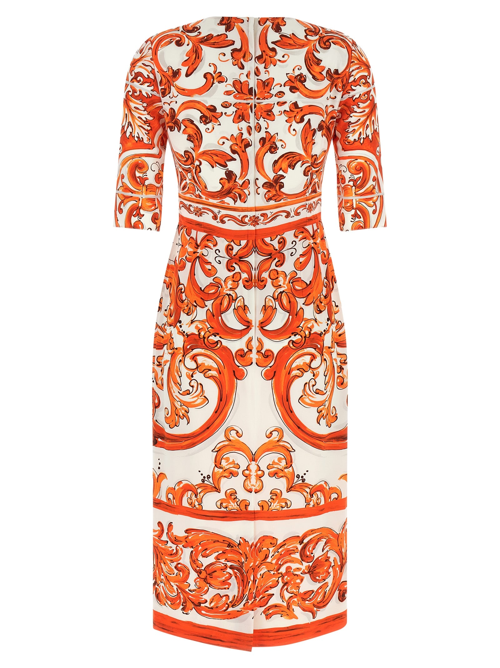 Dress by Dolce & Gabbana for women in silk orange & print features an eye catching silhouette with a sophisticated crew split neckline, elegant , and a refined midi for a eye catching aesthetic.
