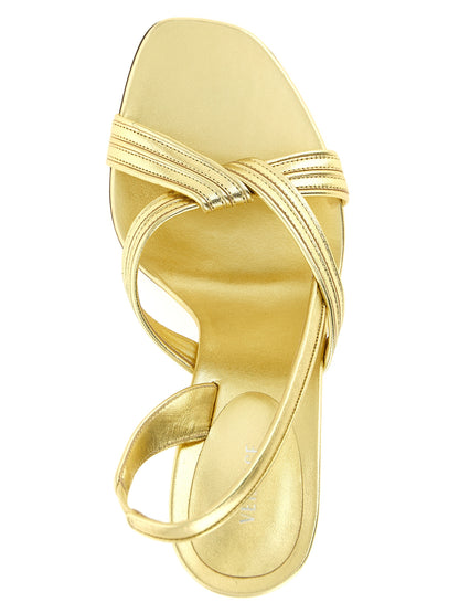 Stiletto Sandals by Versace for women in lamb leather and gold presents a captivating silhouette, showcasing the signature style of the Medusa Women's Lamb Leather Stiletto Sandals with a captivating stiletto and captivating .