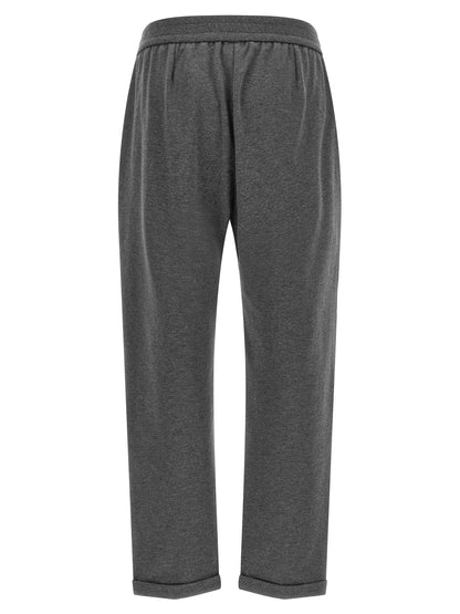 Joggers by Brunello Cucinelli for women in stretch cotton gray presents a tailored silhouette, showcasing a tailored flared & relaxed-fit and long cut with a refined high rise for a truly tailored aesthetic.