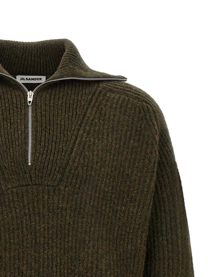 Cardigan by Jil Sander for men in wool bicolour & green features a dramatic silhouette, showcasing a sophisticated turtle neckline and dramatic detail for a timeless, premium look.