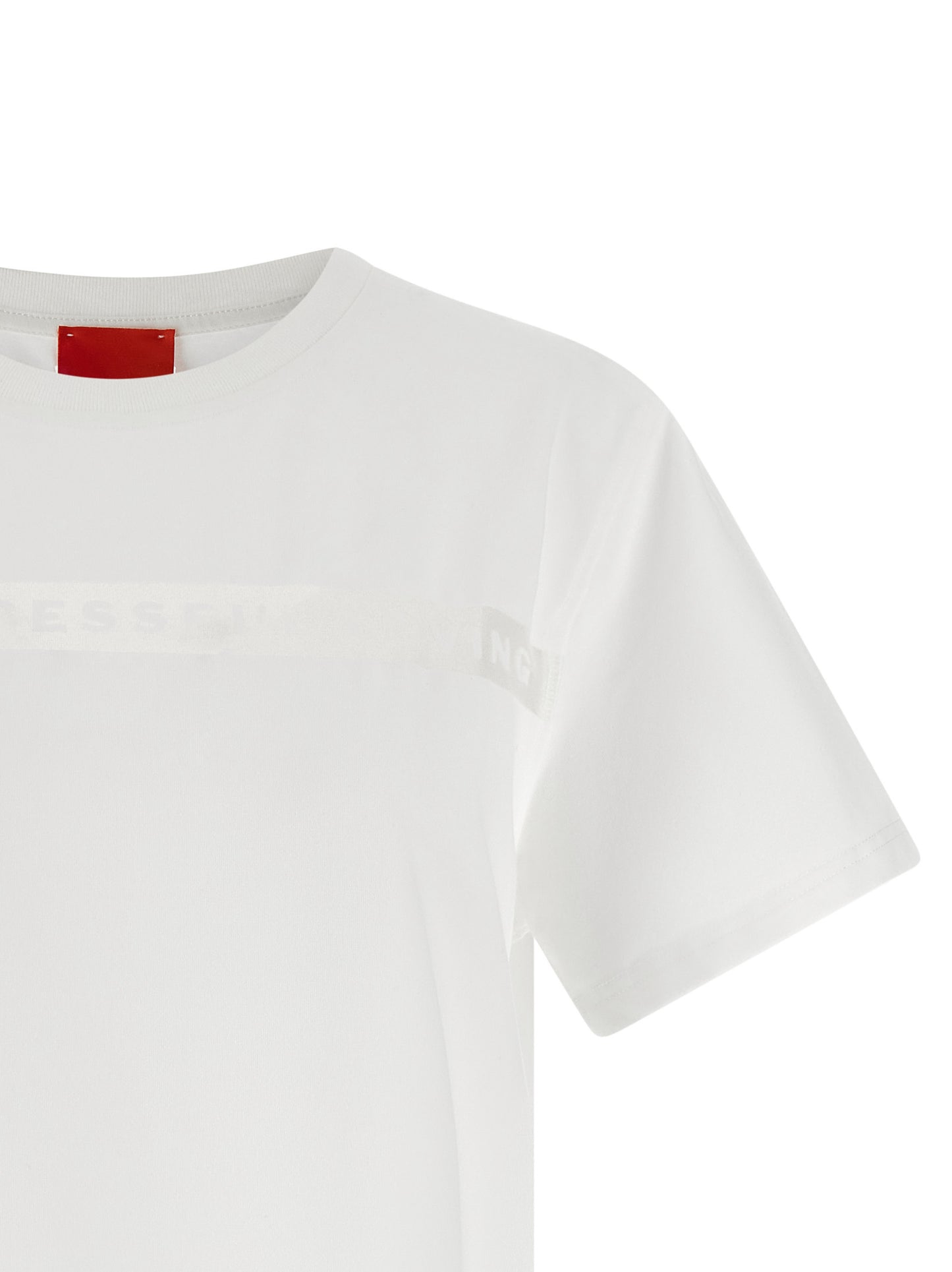 Activewear T-Shirt by Diesel for women in stretch polyester cotton transparent & white features an athletic silhouette with sleeves and a crew neckline neckline, enhanced by high-performance .
