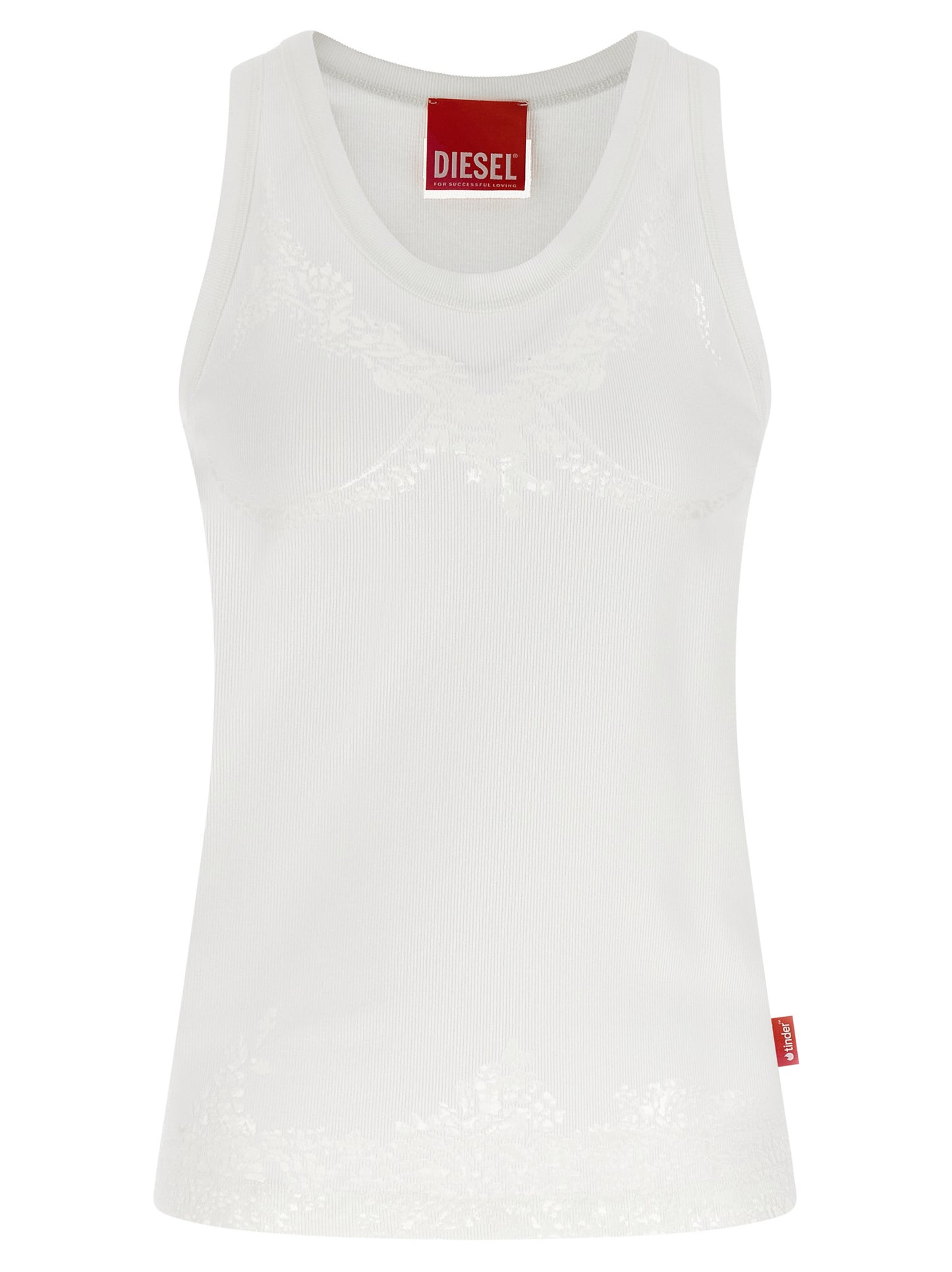 Tank Top by Diesel for women in stretch polyester cotton white showcases a perennial silhouette, artfully detailed with a sleeveless design and a perennial round neckline.