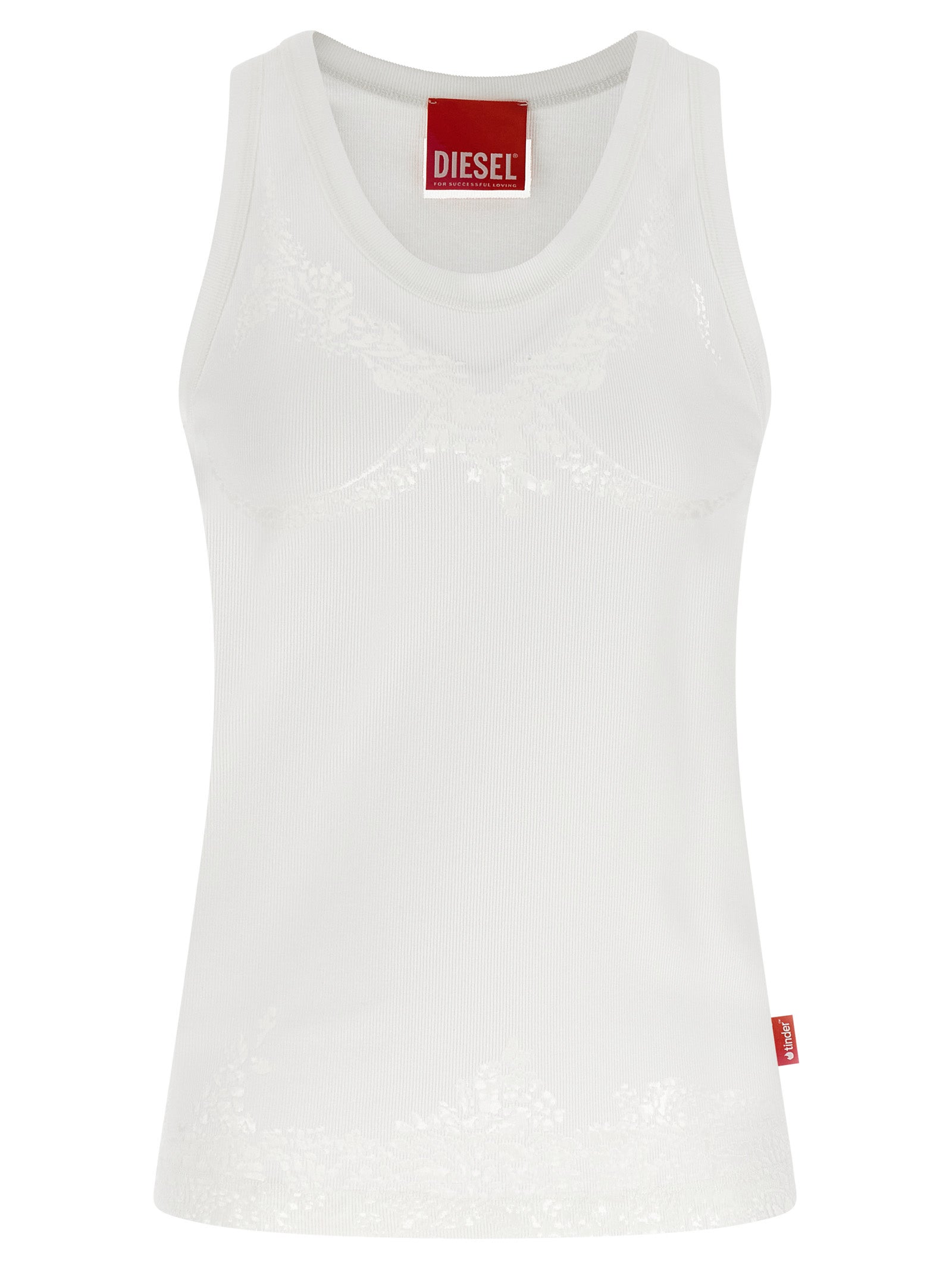 Tank Top by Diesel for women in stretch polyester cotton white showcases a perennial silhouette, artfully detailed with a sleeveless design and a perennial round neckline.