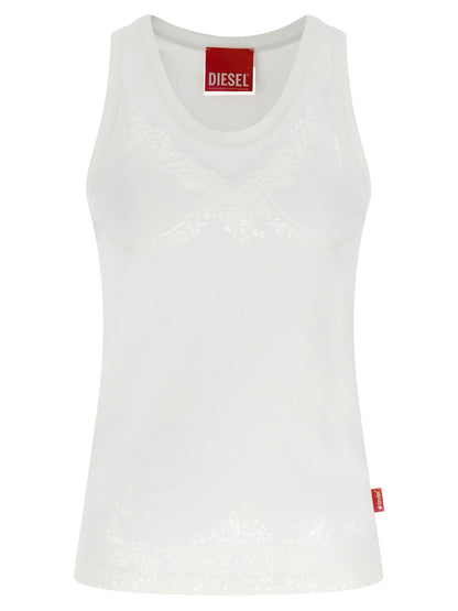 Tank Top by Diesel for women in stretch polyester cotton white showcases a perennial silhouette, artfully detailed with a sleeveless design and a perennial round neckline.