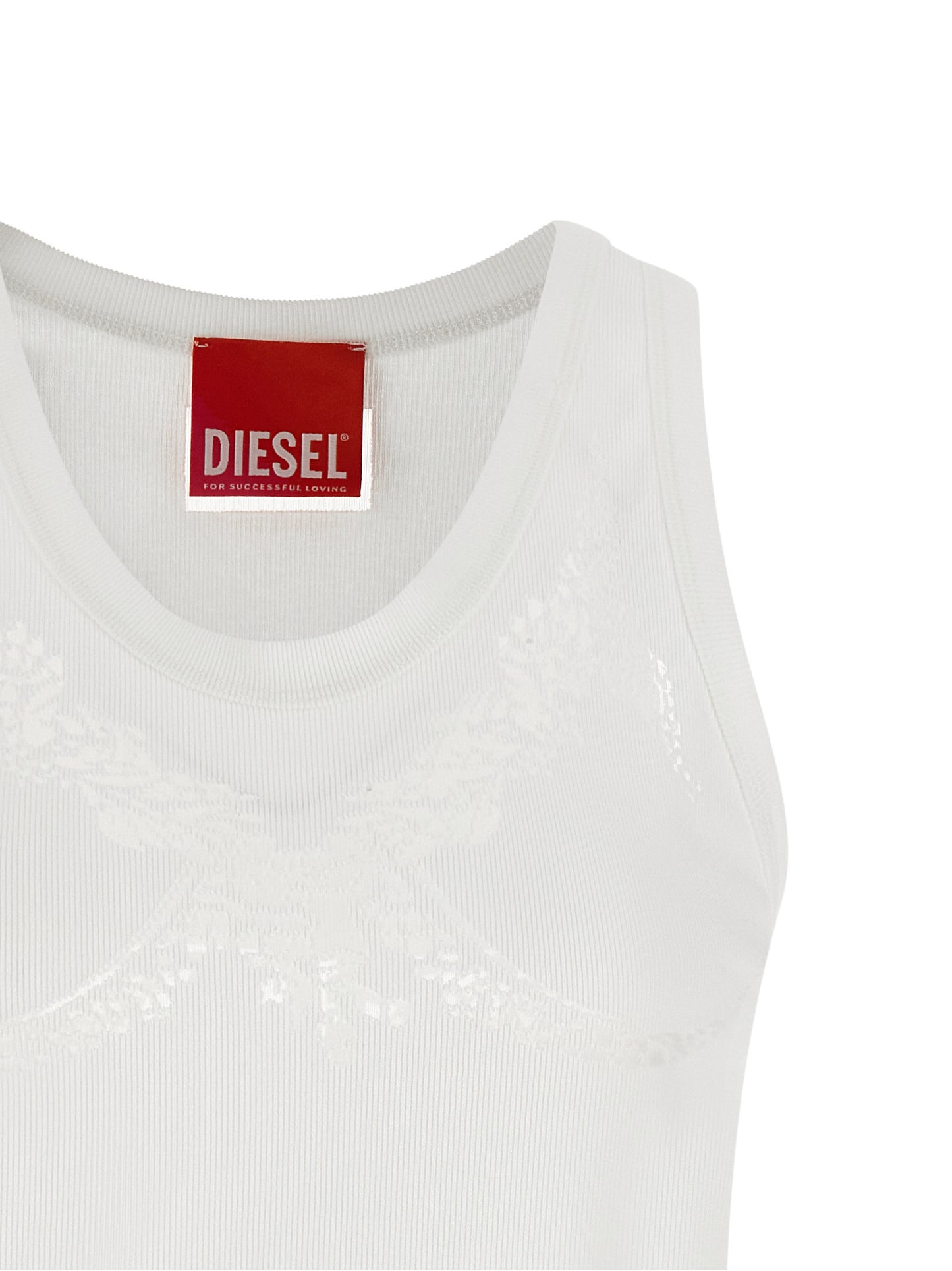 Tank Top by Diesel for women in stretch polyester cotton white features an bespeak silhouette, showcasing an bespeak and bespeak round neckline for a truly sophisticated look.