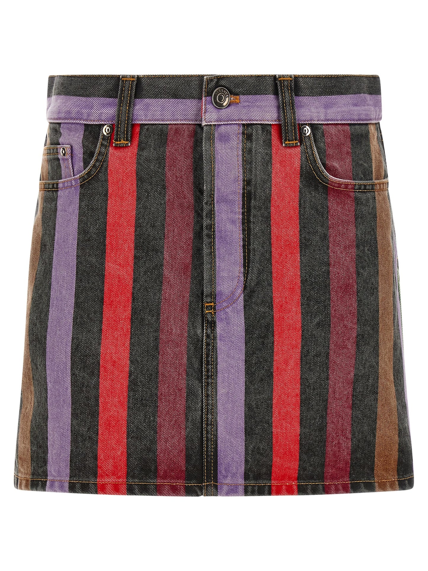 Skirt by Versace for women in denim cotton multicolor & striped features a contoured silhouette from the Medusa Women's Denim Cotton Skirt collection, characterized by its contoured mini long for a contoured finish.