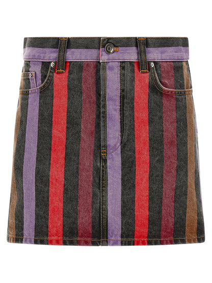 Skirt by Versace for women in denim cotton multicolor & striped features a contoured silhouette from the Medusa Women's Denim Cotton Skirt collection, characterized by its contoured mini long for a contoured finish.
