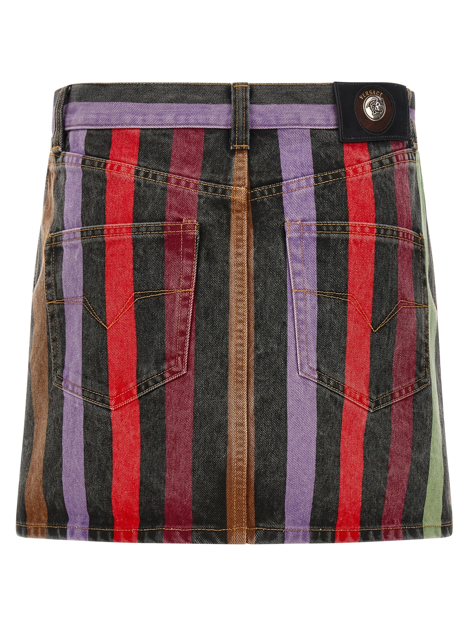 Skirt by Versace for women in denim cotton multicolor & striped features a captivating silhouette, showcasing the captivating Medusa Women's Denim Cotton Skirt design with a sophisticated mini long for a captivating look.