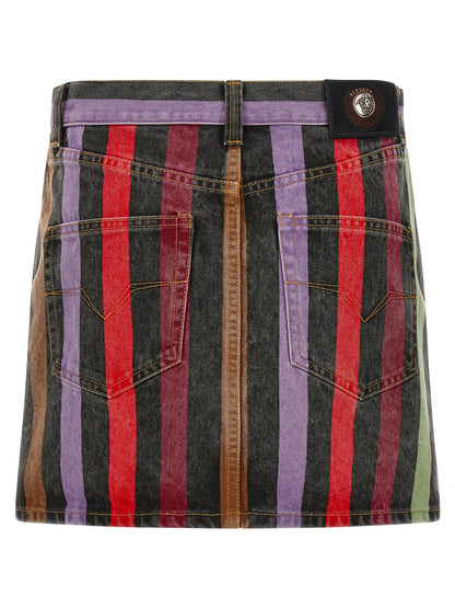 Skirt by Versace for women in denim cotton multicolor & striped features a captivating silhouette, showcasing the captivating Medusa Women's Denim Cotton Skirt design with a sophisticated mini long for a captivating look.