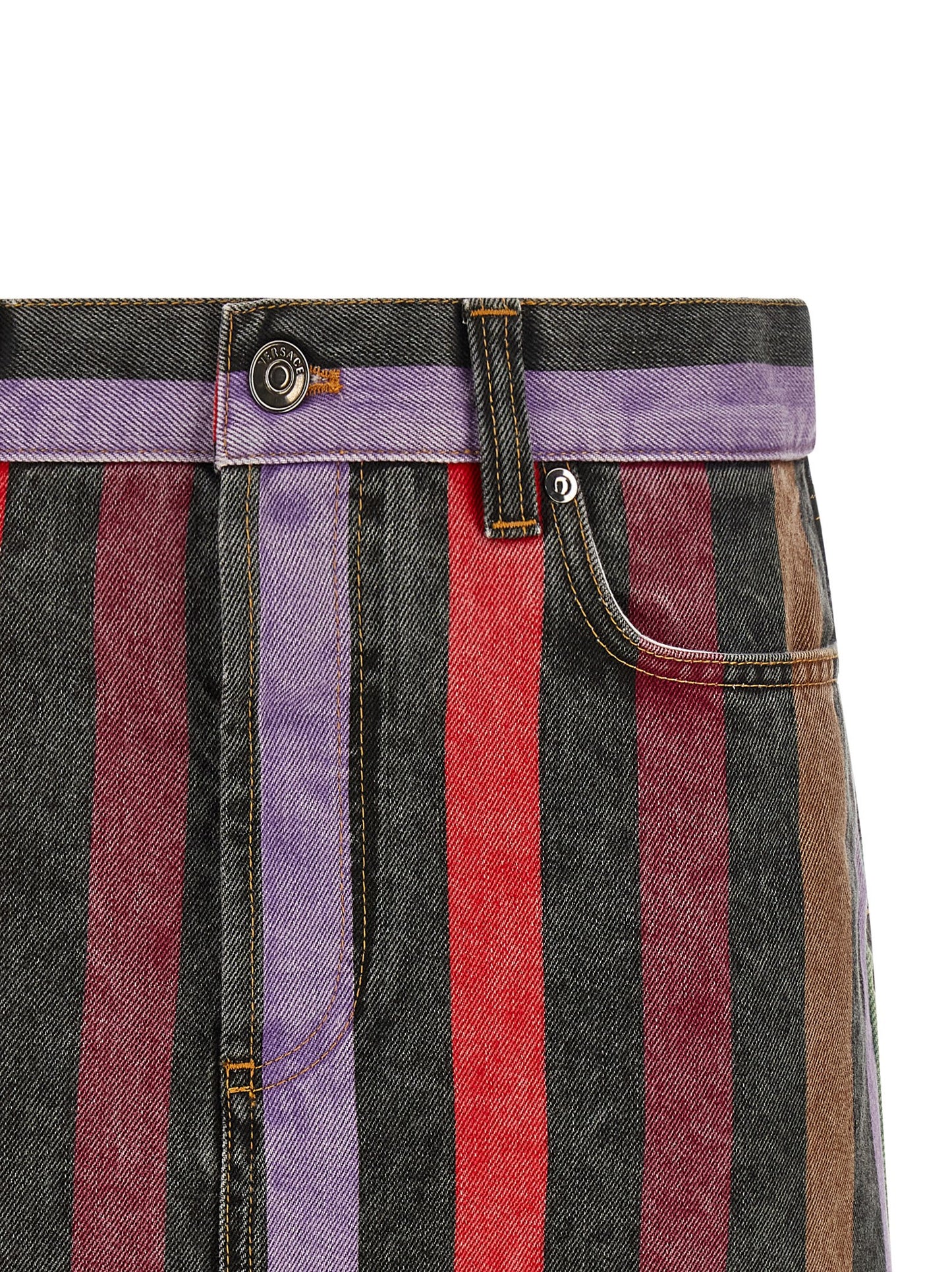 Skirt by Versace for women in denim cotton multicolor & striped showcases a dramatic silhouette, artfully capturing the essence of the Medusa Women's Denim Cotton Skirt in a dramatic mini long cut for a refined look.