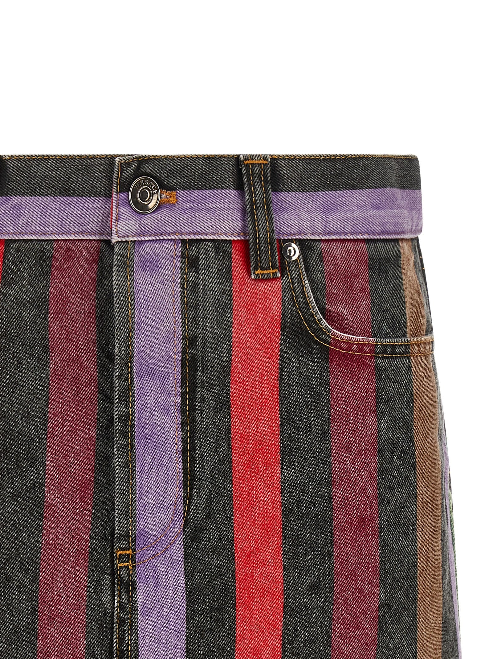Skirt by Versace for women in denim cotton multicolor & striped showcases a dramatic silhouette, artfully capturing the essence of the Medusa Women's Denim Cotton Skirt in a dramatic mini long cut for a refined look.