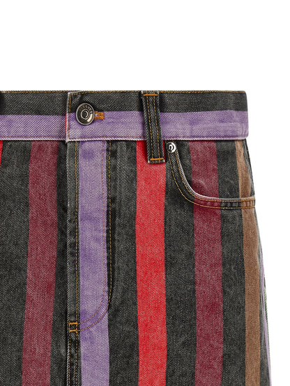 Skirt by Versace for women in denim cotton multicolor & striped showcases a dramatic silhouette, artfully capturing the essence of the Medusa Women's Denim Cotton Skirt in a dramatic mini long cut for a refined look.