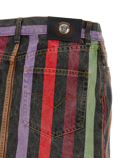 Skirt by Versace for women in denim cotton multicolor & striped showcases a sultry silhouette, elegantly defined by its mini long and the sophisticated sultry design of the Medusa Women's Denim Cotton Skirt.