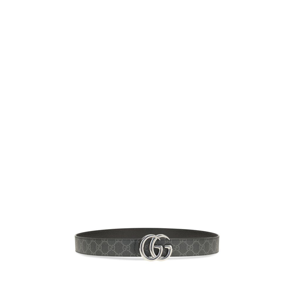 Belt by Gucci for men in bos taurus calf leather black, palladium & monogram features an artisanal finish, elegantly showcasing the signature style and artisanal craftsmanship of the Gg Marmont Bos Taurus Calf Leather Belt design.