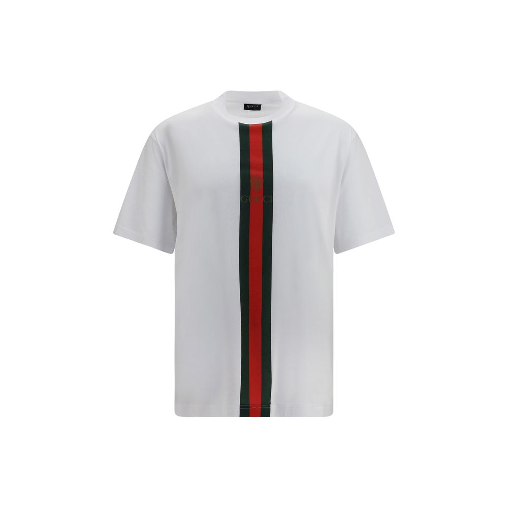 T-Shirt by Gucci for men in cotton white, print & striped features a plush silhouette, showcasing a sophisticated crew neckline and short-sleeve for a truly plush finish.