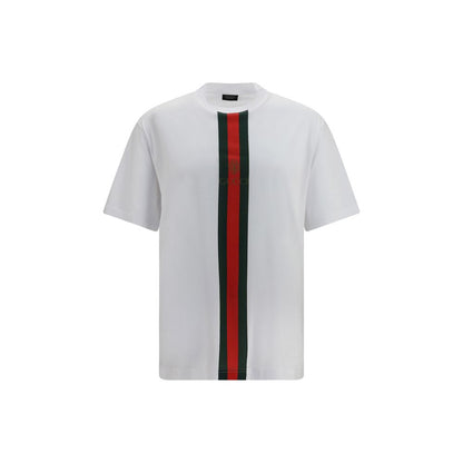 T-Shirt by Gucci for men in cotton white, print & striped features a plush silhouette, showcasing a sophisticated crew neckline and short-sleeve for a truly plush finish.