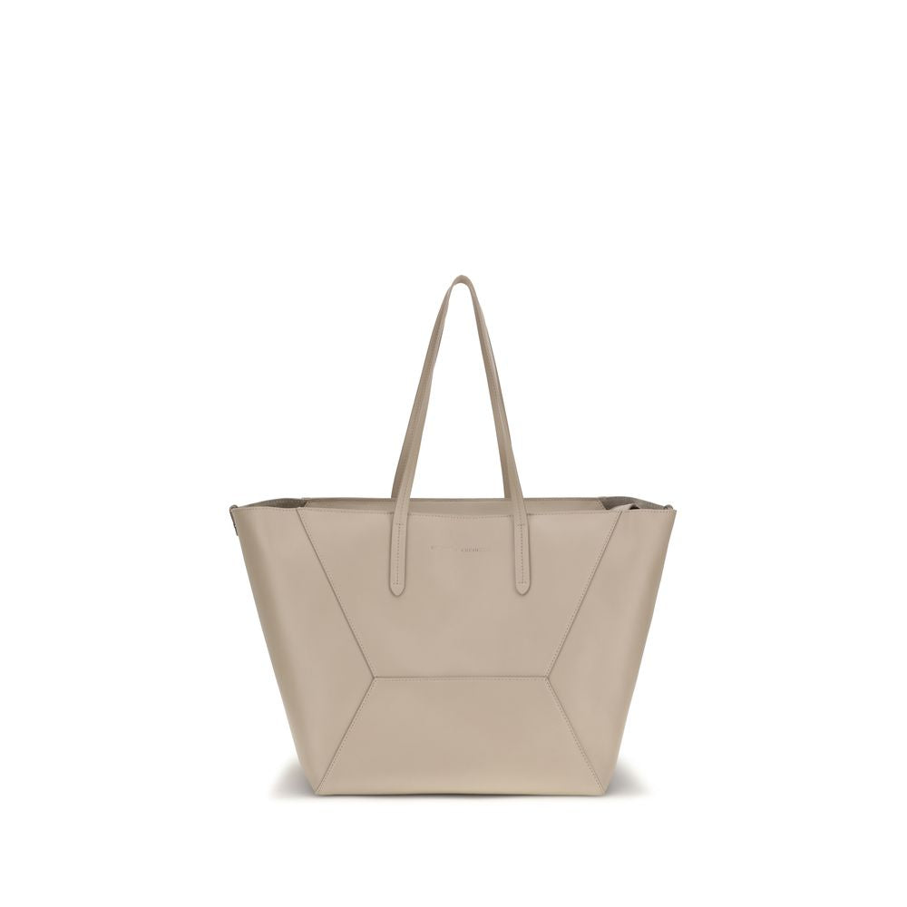 Shoulder Tote Bag by Brunello Cucinelli for women in bos taurus calf leather beige & print presents a versatile silhouette, showcasing a secure zipper and versatile with versatile shoulder-strap & handle for a sophisticated look.