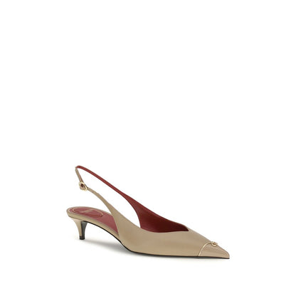 Mid-Heel Kitten Slingback Pumps Heels by Valentino Garavani for women in bos taurus calf leather beige, gold & signature features a effortlessly chic V Logo Women's Bos Taurus Calf Leather Mid-Heel Kitten Slingback Pumps Heels design with a sophisticated mid-heel kitten-heel and elegant pointed toe style.