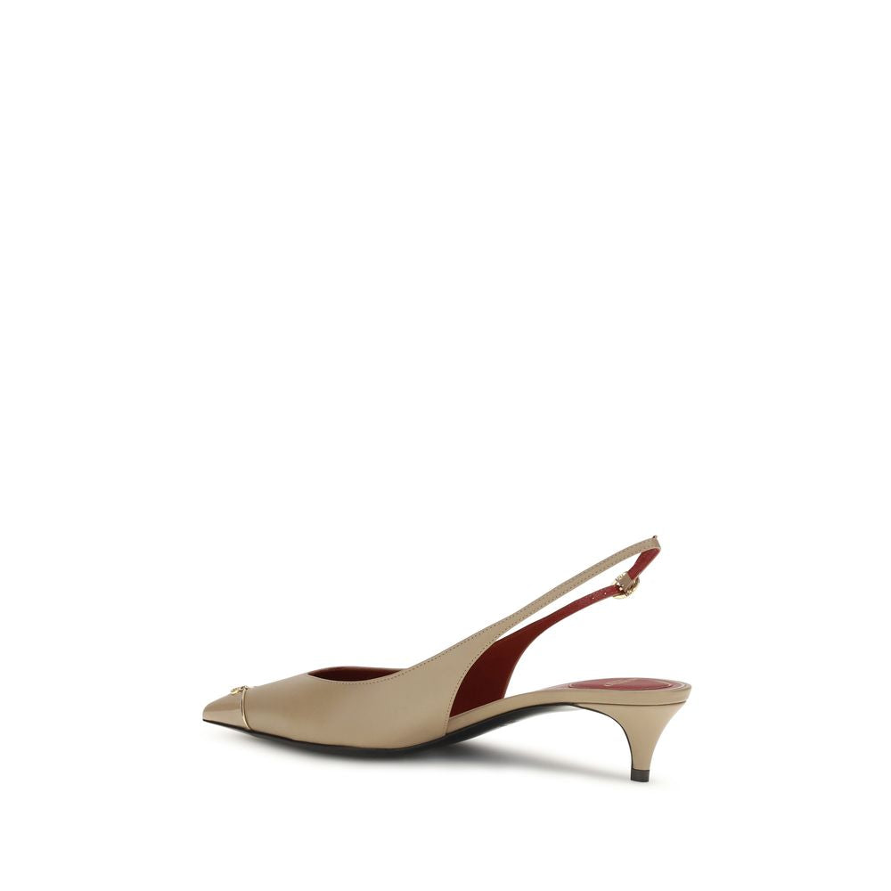 Mid-Heel Kitten Slingback Pumps Heels by Valentino Garavani for women in bos taurus calf leather beige, gold & signature showcases a exquisite silhouette, perfectly accentuating V Logo Women's Bos Taurus Calf Leather Mid-Heel Kitten Slingback Pumps Heels with a exquisite mid-heel kitten-heel and exquisite pointed toe style.