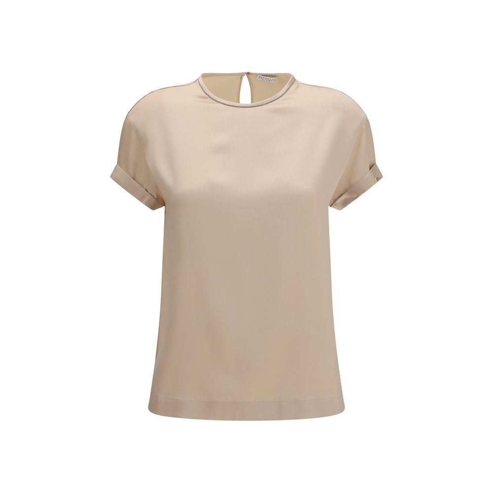 Blouse by Brunello Cucinelli for women in silk beige showcases a sharp silhouette, elegantly detailed with a sharp crew neckline and sharp short-sleeve.
